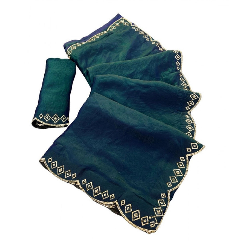 Women's Satin Embellished Saree With Unstitched Blouse 5.5 Mtr (Bottle Green)