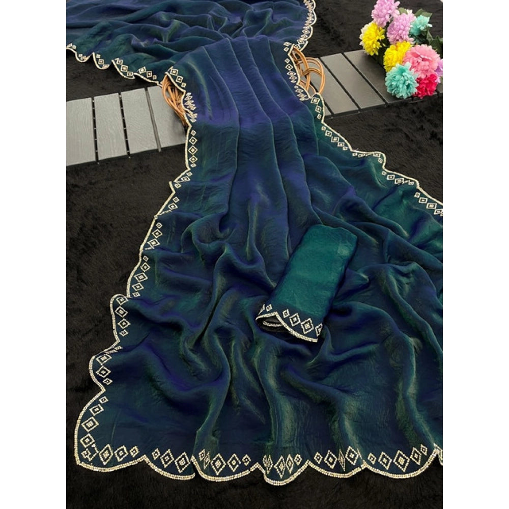 Women's Satin Embellished Saree With Unstitched Blouse 5.5 Mtr (Bottle Green)