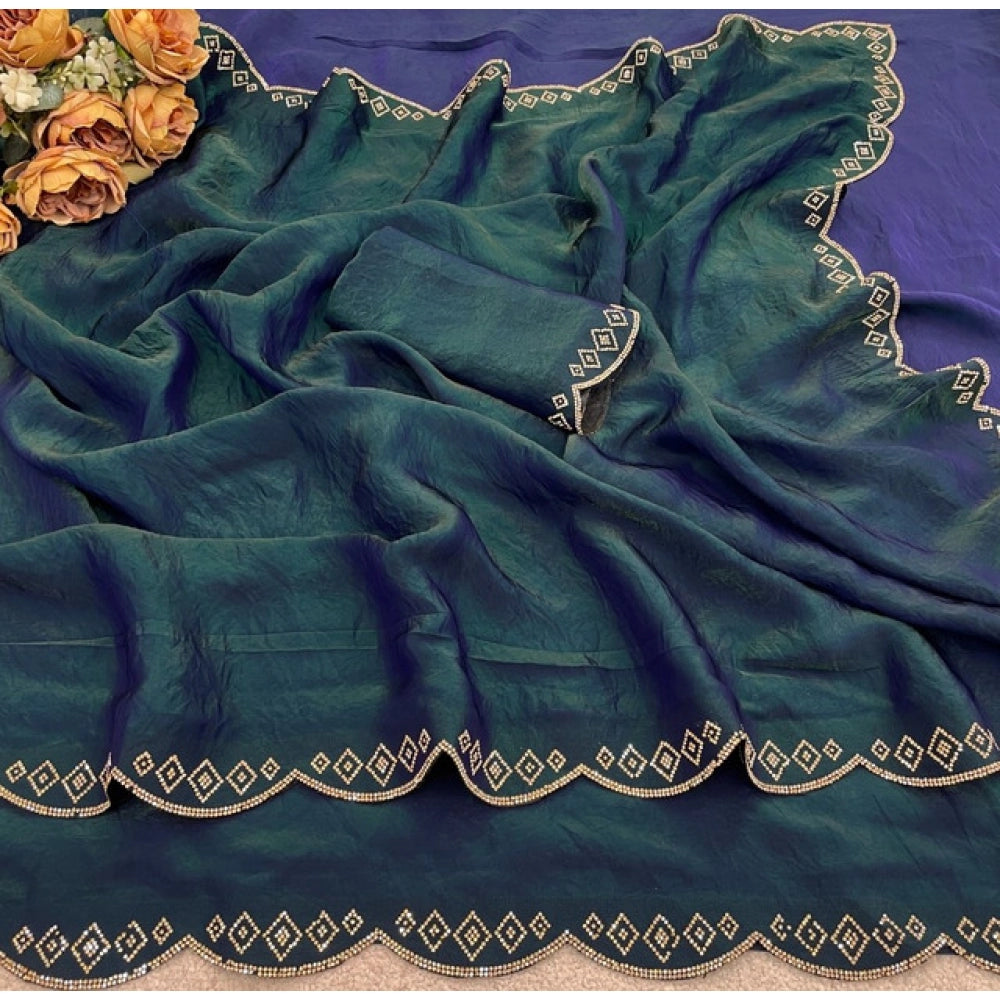 Women's Satin Embellished Saree With Unstitched Blouse 5.5 Mtr (Bottle Green)