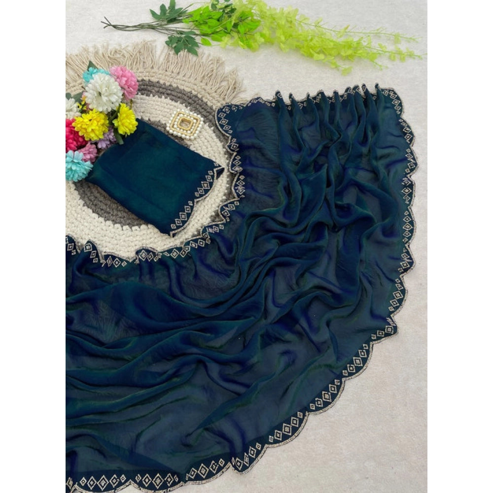 Women's Satin Embellished Saree With Unstitched Blouse 5.5 Mtr (Bottle Green)