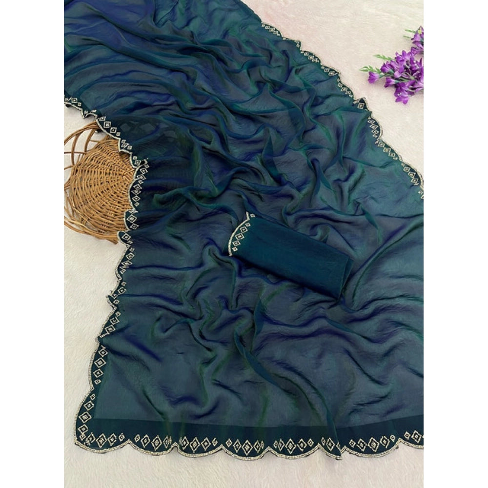 Women's Satin Embellished Saree With Unstitched Blouse 5.5 Mtr (Bottle Green)