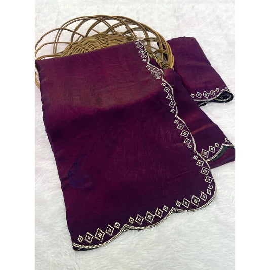 Women's Satin Embellished Saree With Unstitched Blouse 5.5m (Wine)