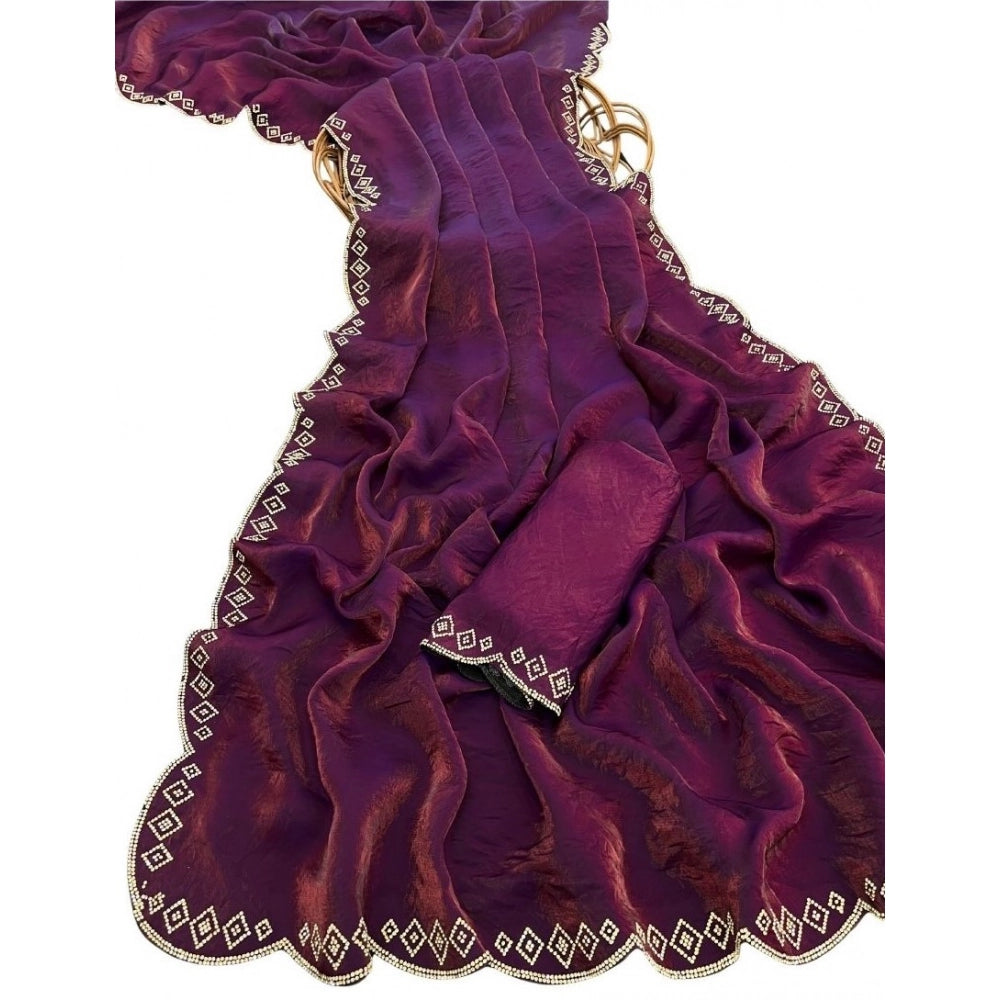 Women's Satin Embellished Saree With Unstitched Blouse 5.5 Mtr (Wine)