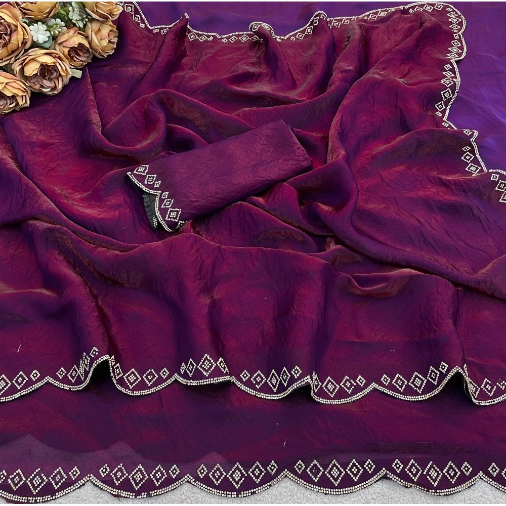 Women's Satin Embellished Saree With Unstitched Blouse 5.5 Mtr (Wine)