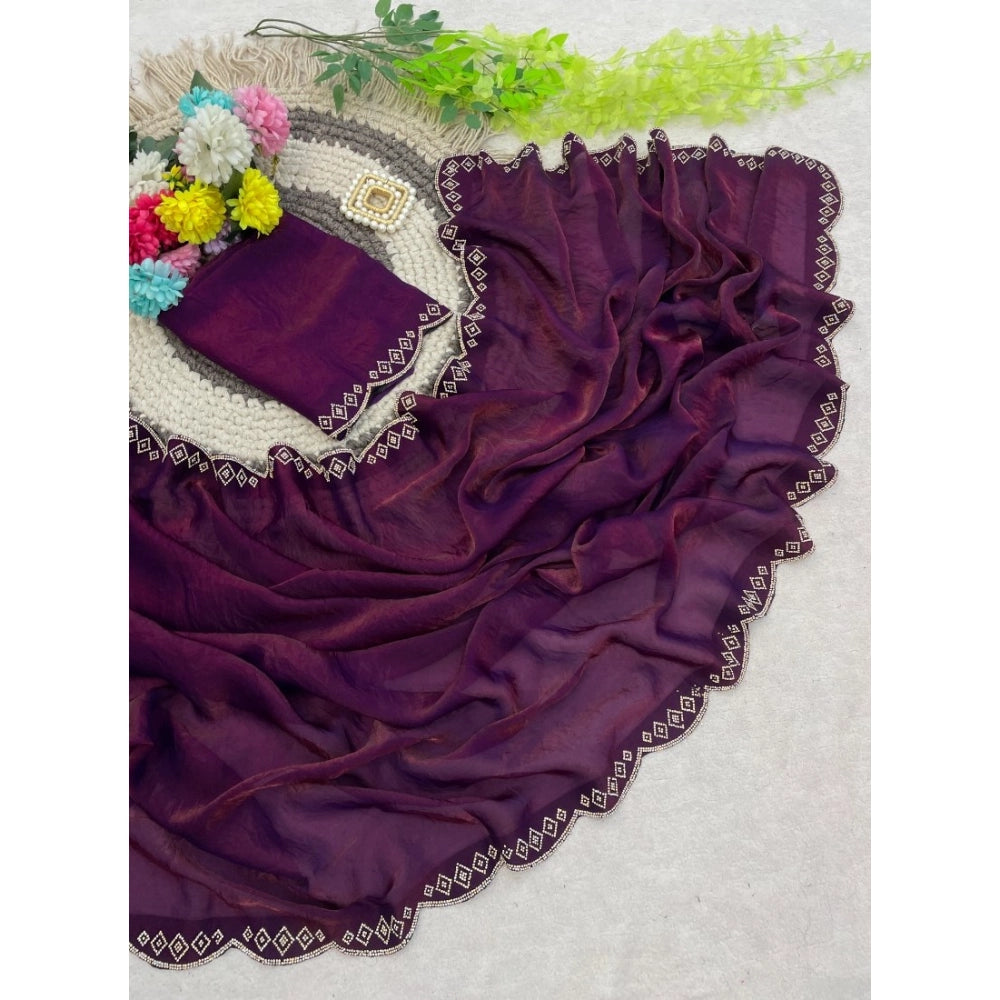 Women's Satin Embellished Saree With Unstitched Blouse 5.5 Mtr (Wine)