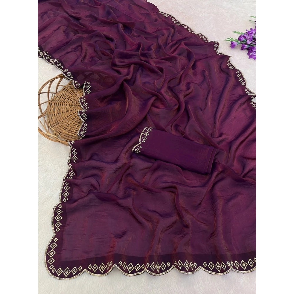 Women's Satin Embellished Saree With Unstitched Blouse 5.5 Mtr (Wine)
