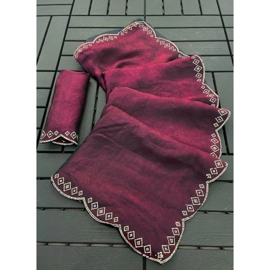 Women's Satin Embellished Saree With Unstitched Blouse 5.5m (Burgundy)