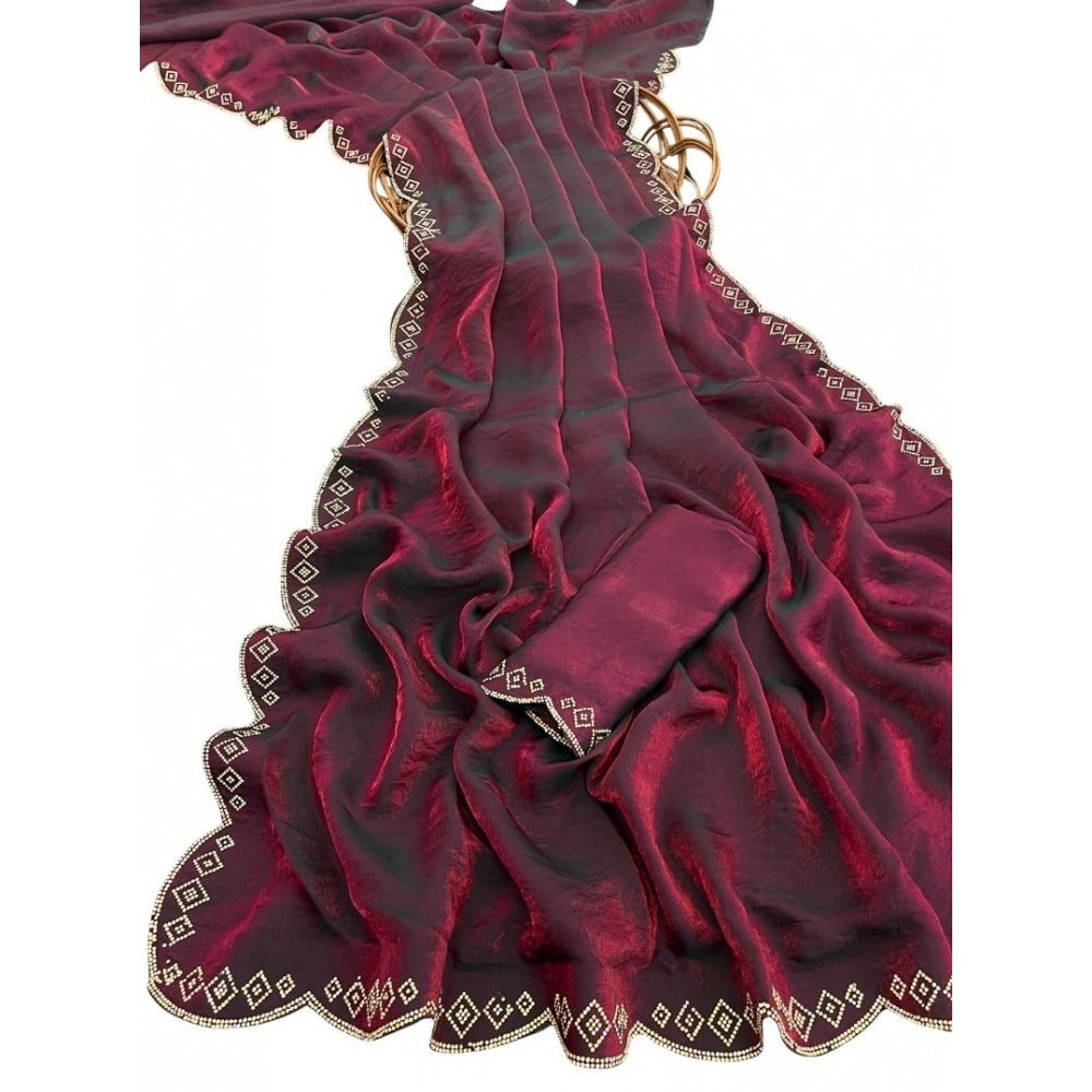 Women's Satin Embellished Saree With Unstitched Blouse 5.5 Mtr (Burgundy)