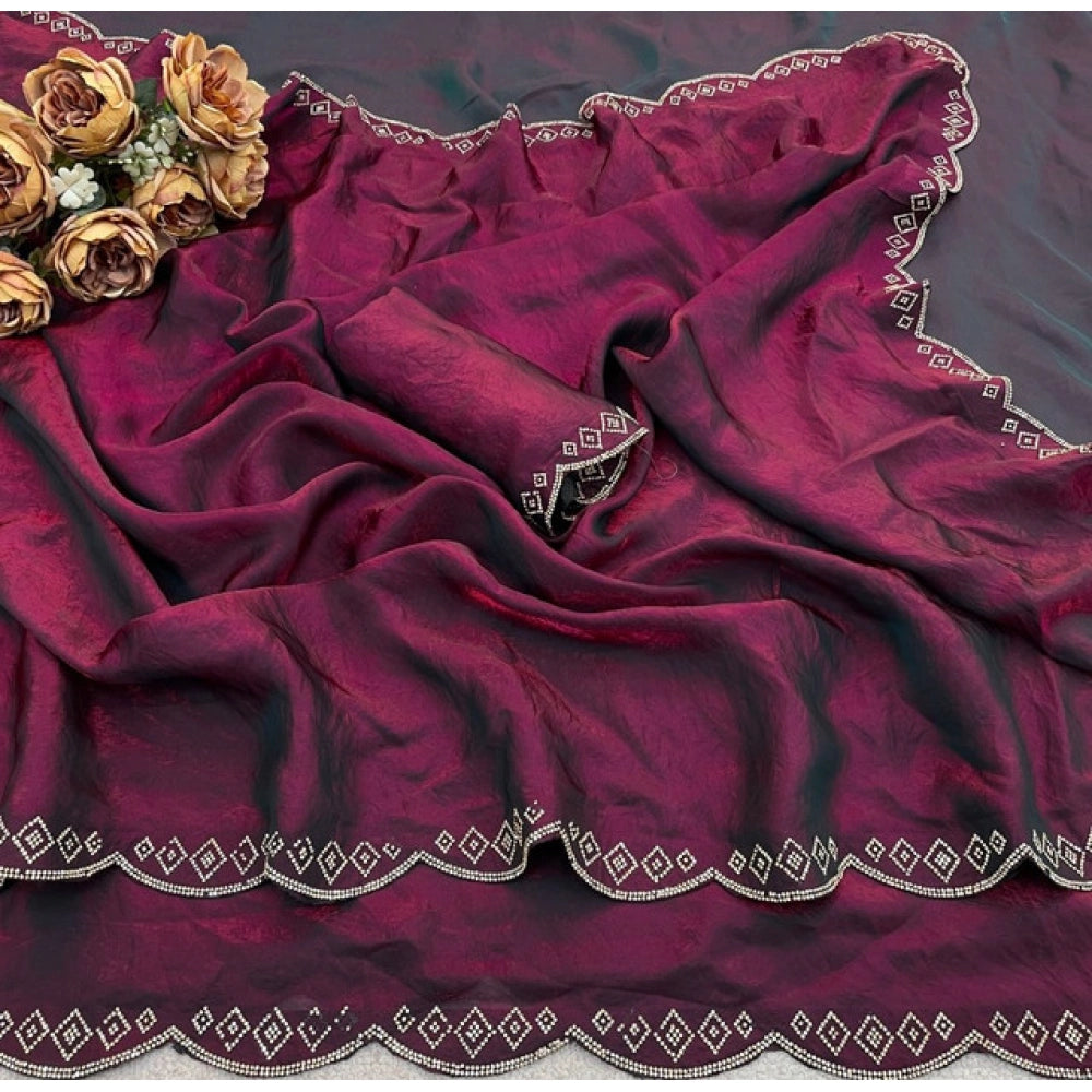 Women's Satin Embellished Saree With Unstitched Blouse 5.5 Mtr (Burgundy)