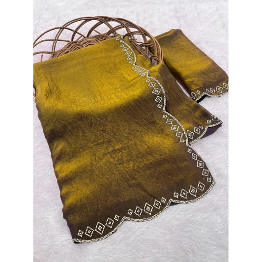 Women's Satin Embellished Saree With Unstitched Blouse 5.5m (Mustard)