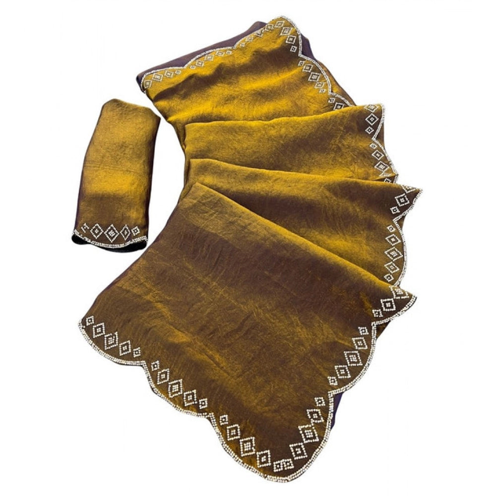 Women's Satin Embellished Saree With Unstitched Blouse 5.5 Mtr (Mustard)