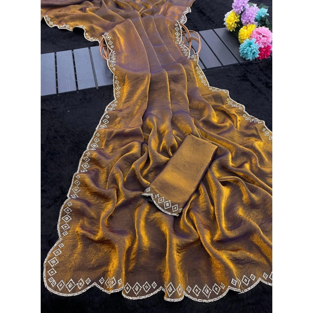 Women's Satin Embellished Saree With Unstitched Blouse 5.5 Mtr (Mustard)