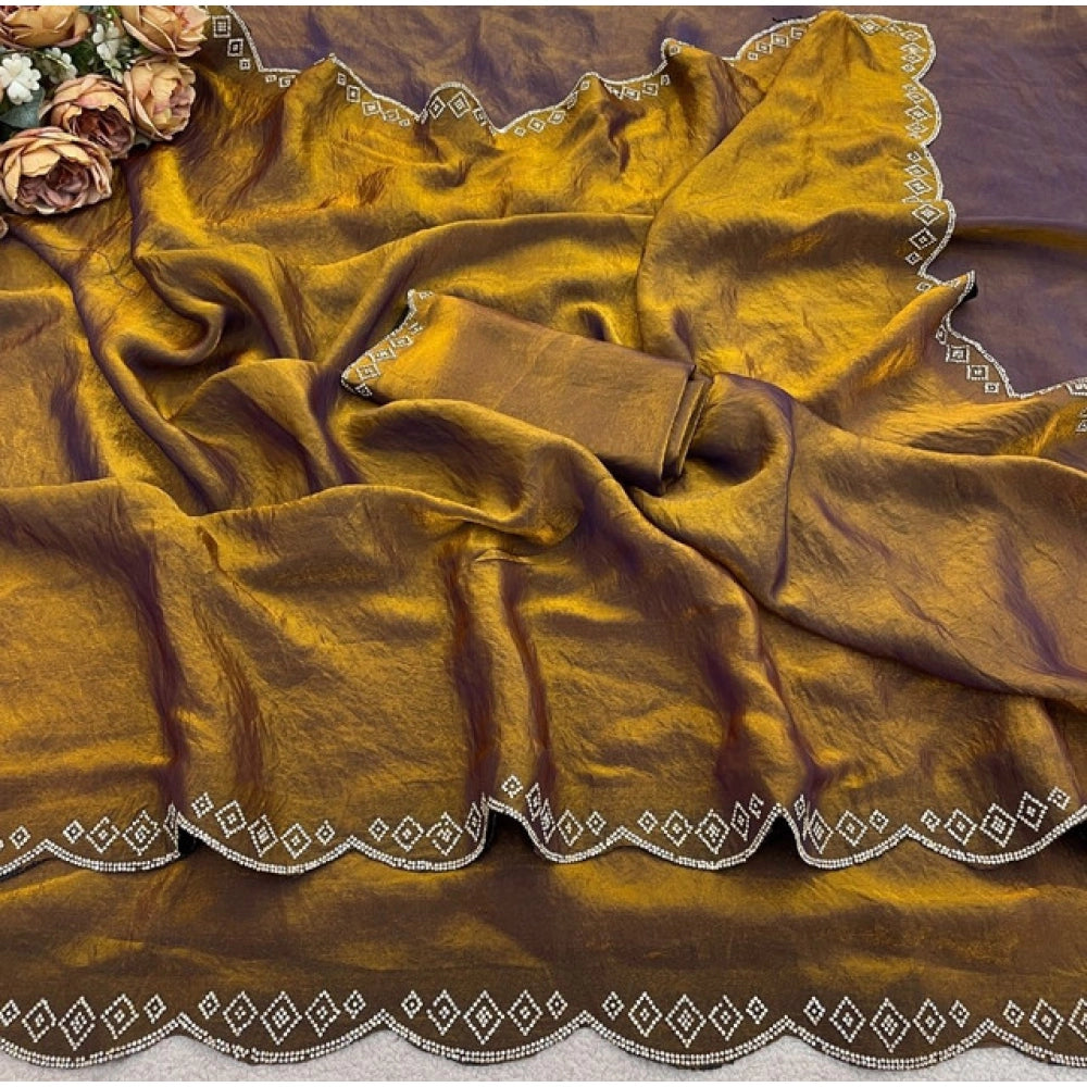 Women's Satin Embellished Saree With Unstitched Blouse 5.5 Mtr (Mustard)