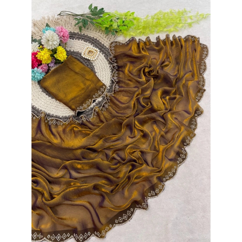 Women's Satin Embellished Saree With Unstitched Blouse 5.5 Mtr (Mustard)