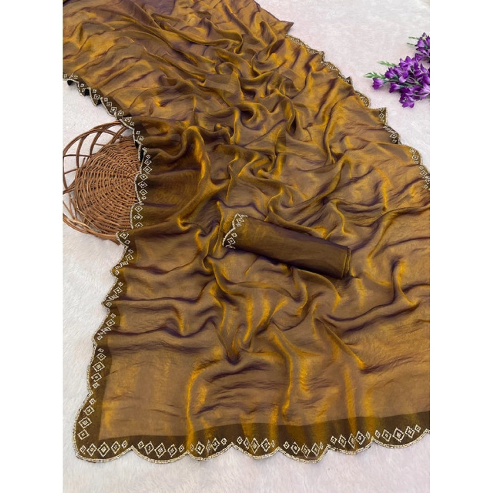 Women's Satin Embellished Saree With Unstitched Blouse 5.5 Mtr (Mustard)
