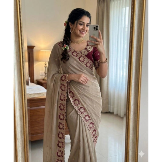 Women's Star Georgette Embroidered Saree With Unstitched Blouse 5.5m (Beige)