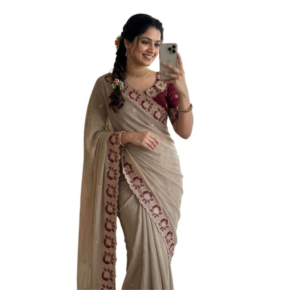 Women's Star Georgette Embroidered Saree With Unstitched Blouse 5.5 Mtr (Beige)