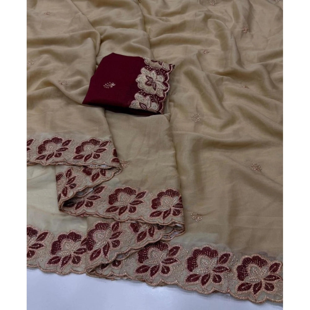Women's Star Georgette Embroidered Saree With Unstitched Blouse 5.5 Mtr (Beige)