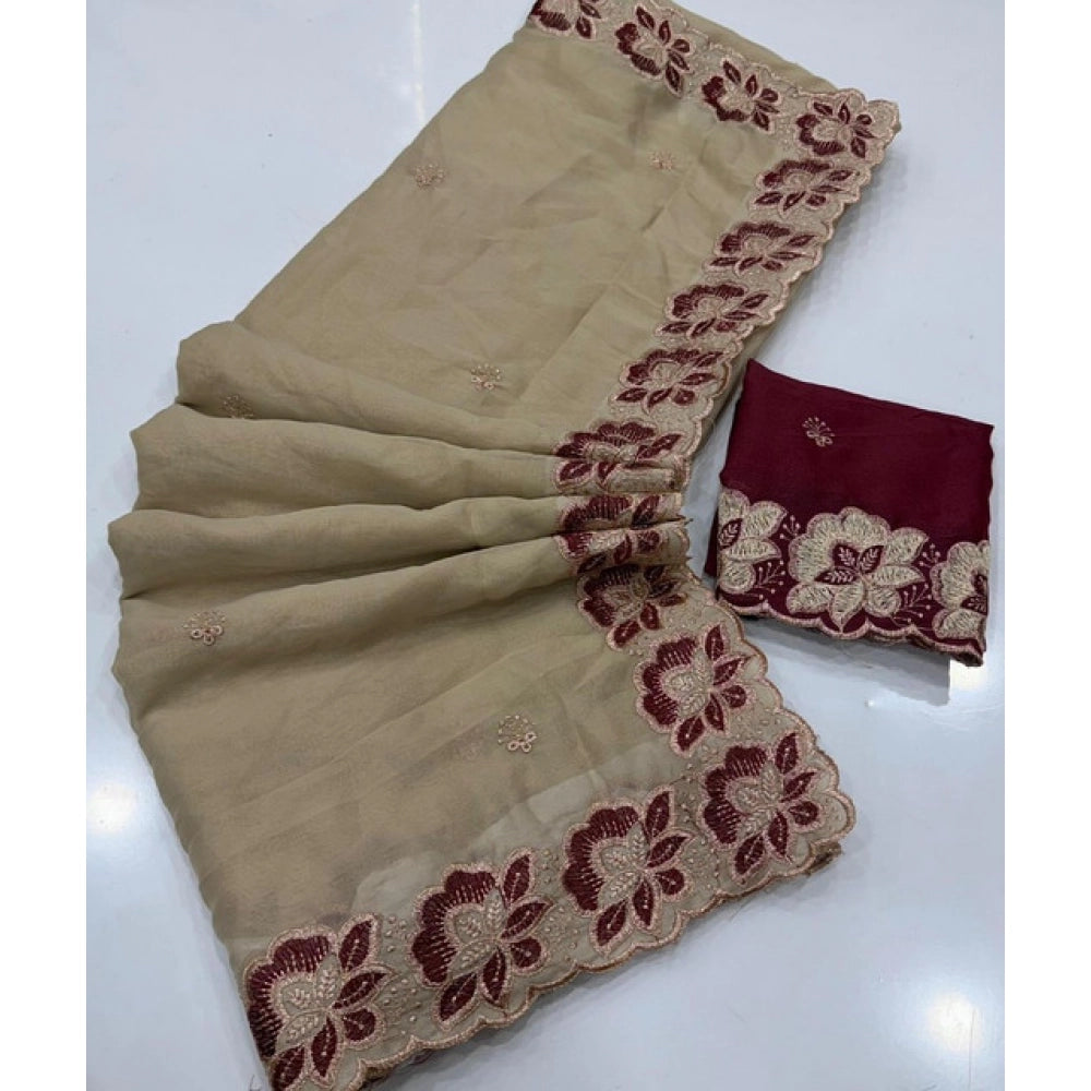 Women's Star Georgette Embroidered Saree With Unstitched Blouse 5.5 Mtr (Beige)