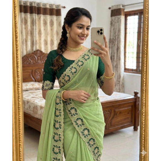 Women's Star Georgette Embroidered Saree With Unstitched Blouse 5.5m (Green)