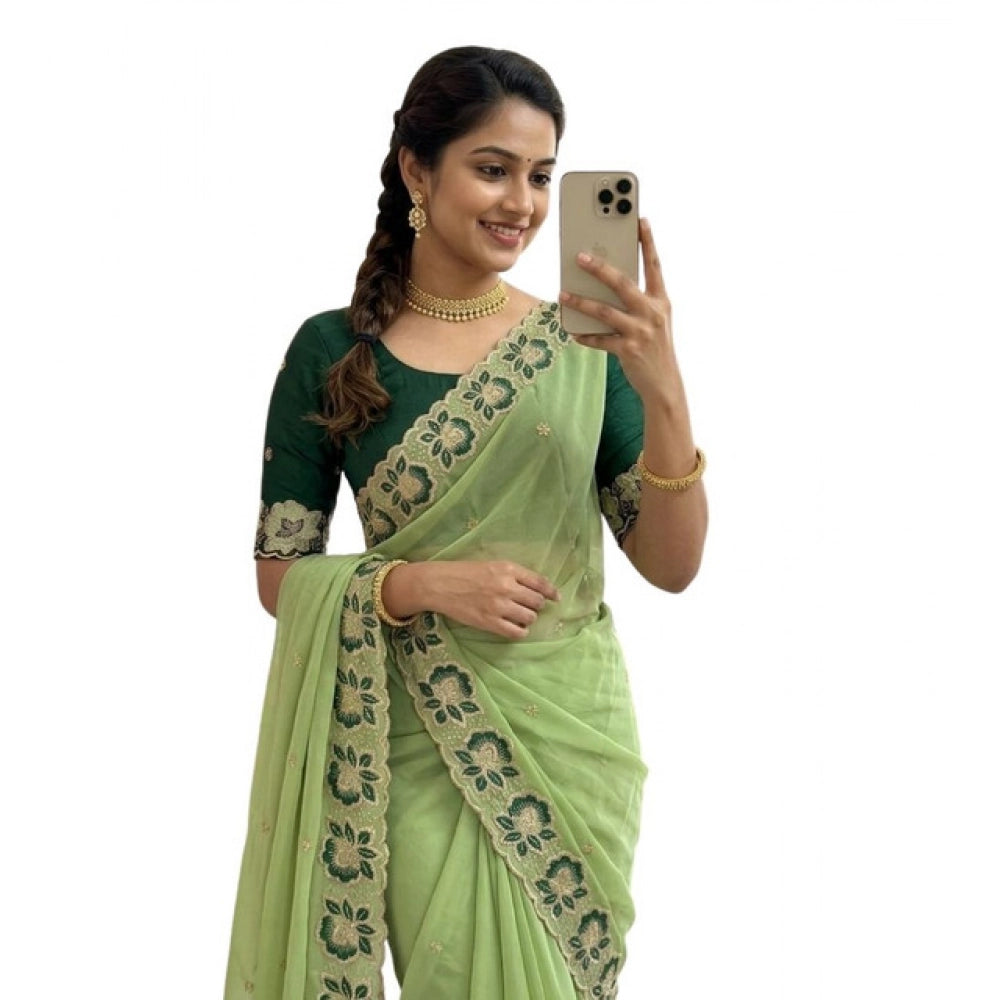 Women's Star Georgette Embroidered Saree With Unstitched Blouse 5.5 Mtr (Green)