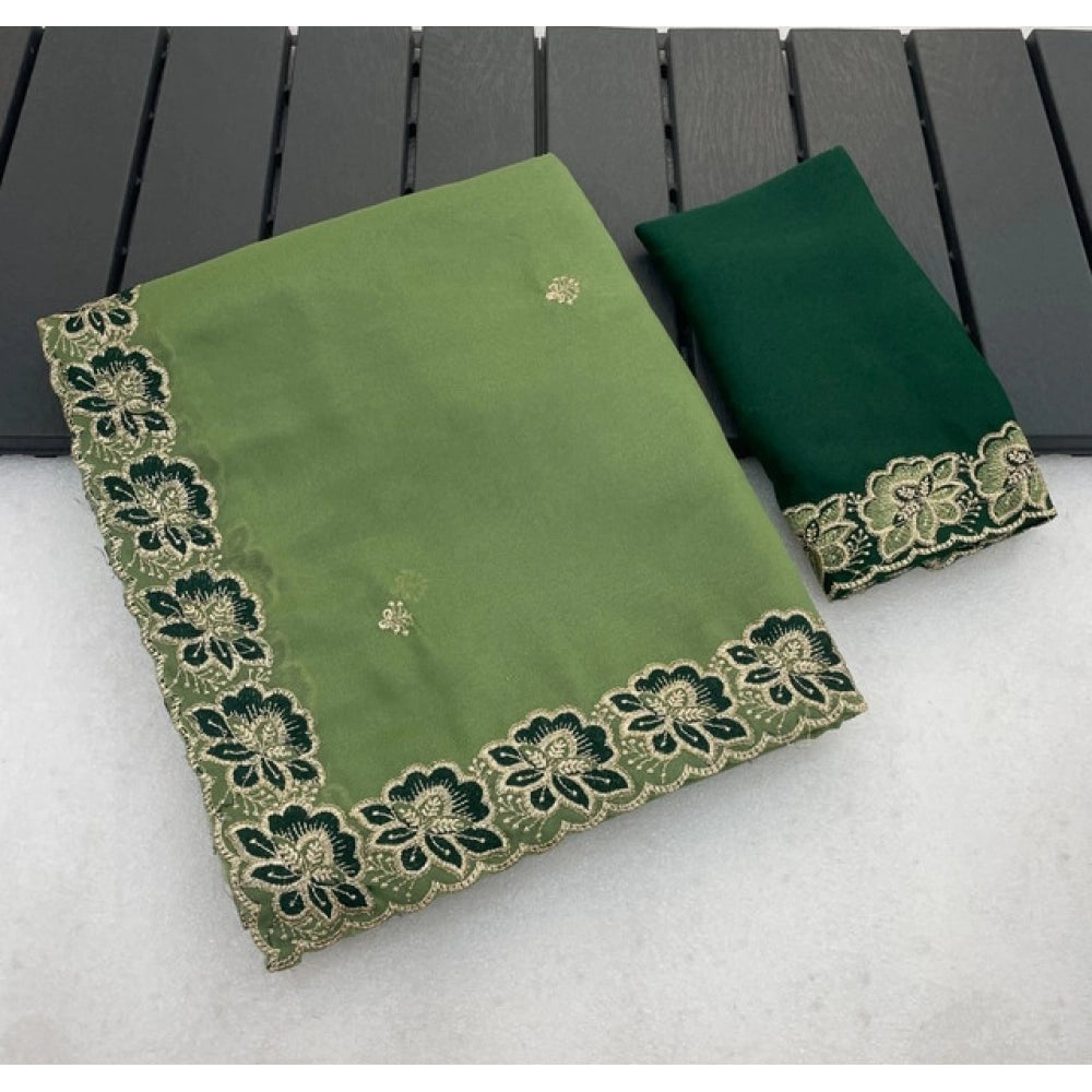 Women's Star Georgette Embroidered Saree With Unstitched Blouse 5.5 Mtr (Green)