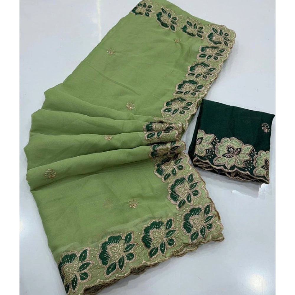 Women's Star Georgette Embroidered Saree With Unstitched Blouse 5.5 Mtr (Green)