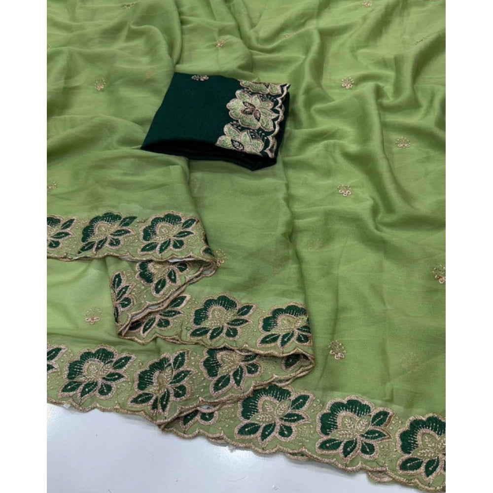Women's Star Georgette Embroidered Saree With Unstitched Blouse 5.5 Mtr (Green)