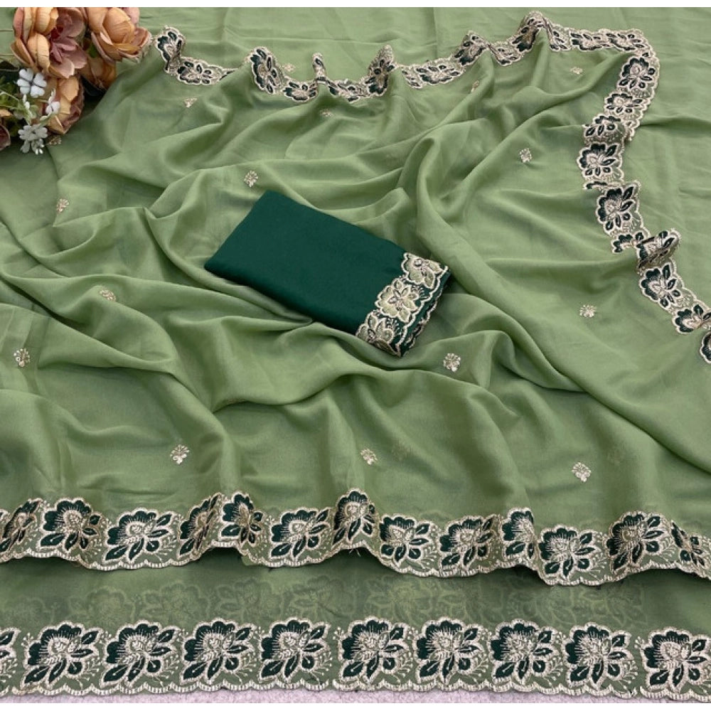Women's Star Georgette Embroidered Saree With Unstitched Blouse 5.5 Mtr (Green)