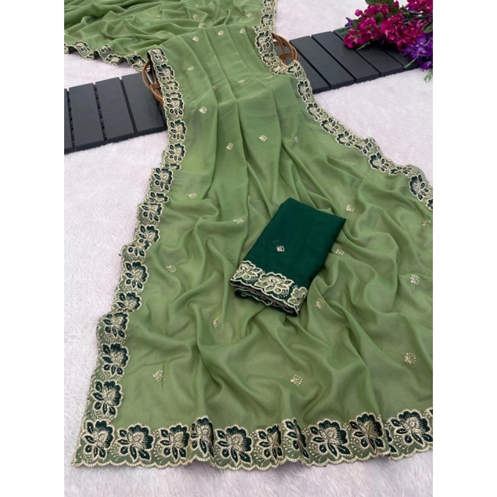 Women's Star Georgette Embroidered Saree With Unstitched Blouse 5.5 Mtr (Green)