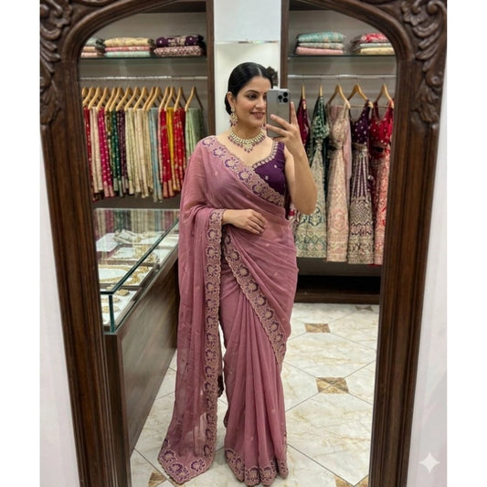 Women's Star Georgette Embroidered Saree With Unstitched Blouse 5.5m (Pink)