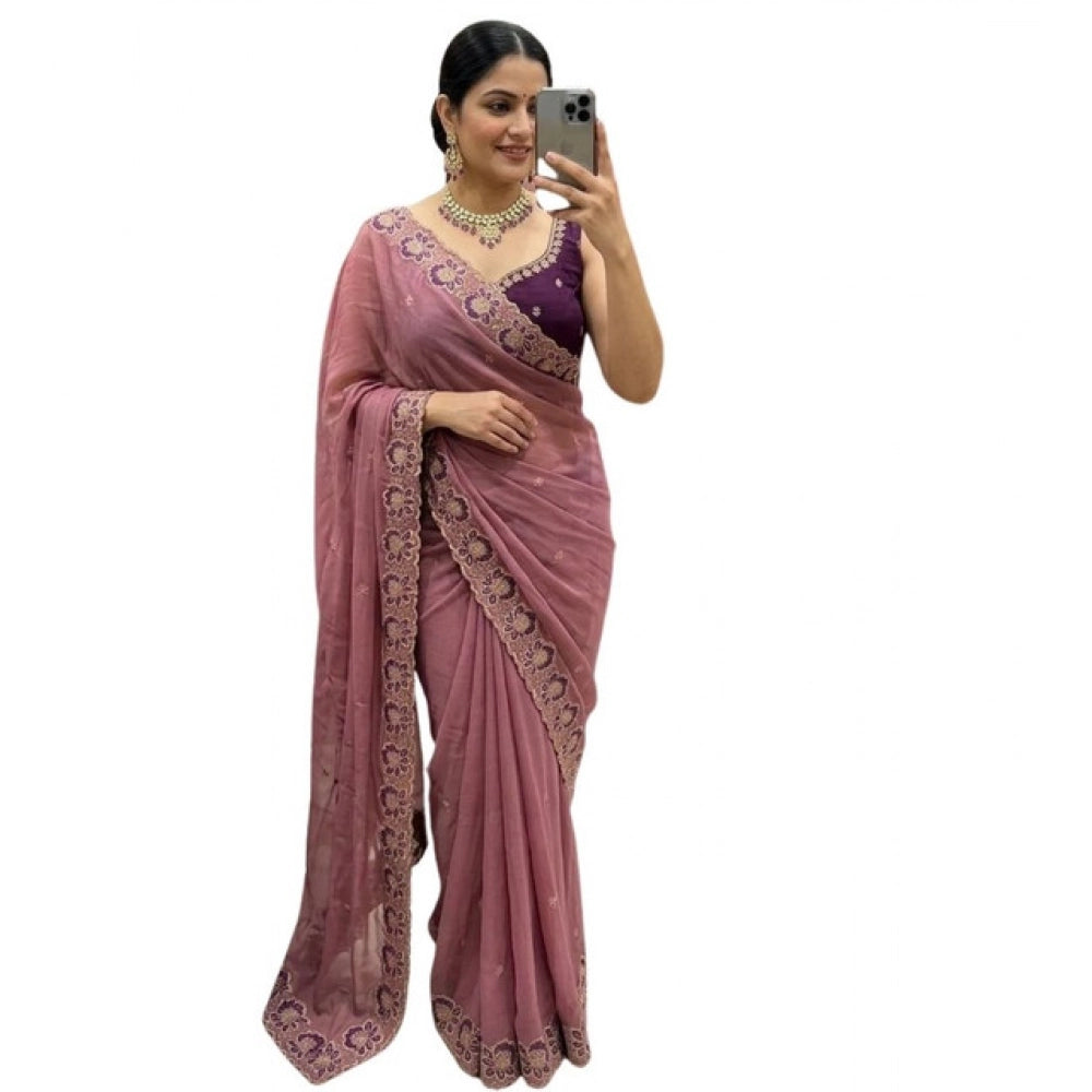 Women's Star Georgette Embroidered Saree With Unstitched Blouse 5.5 Mtr (Pink)