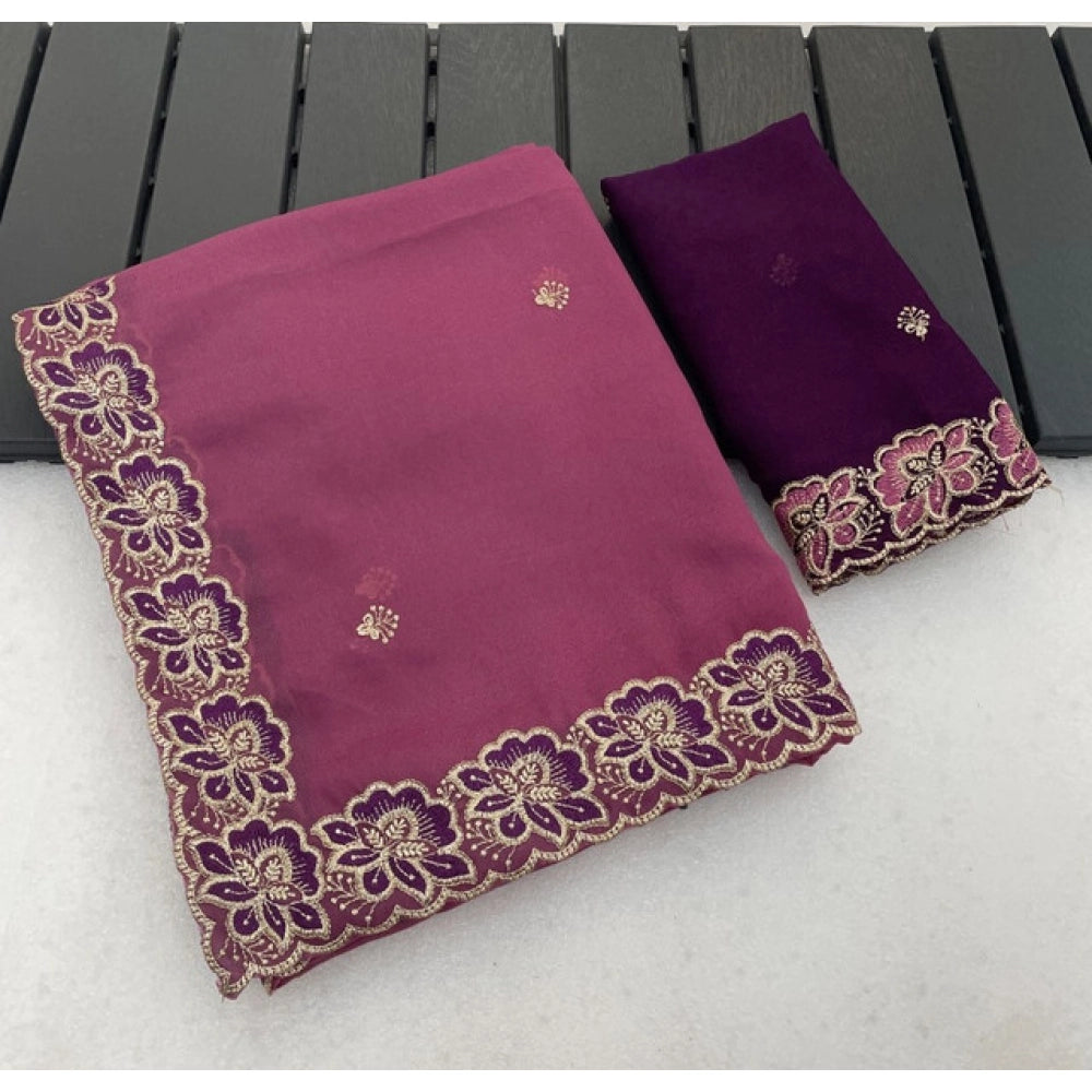 Women's Star Georgette Embroidered Saree With Unstitched Blouse 5.5 Mtr (Pink)