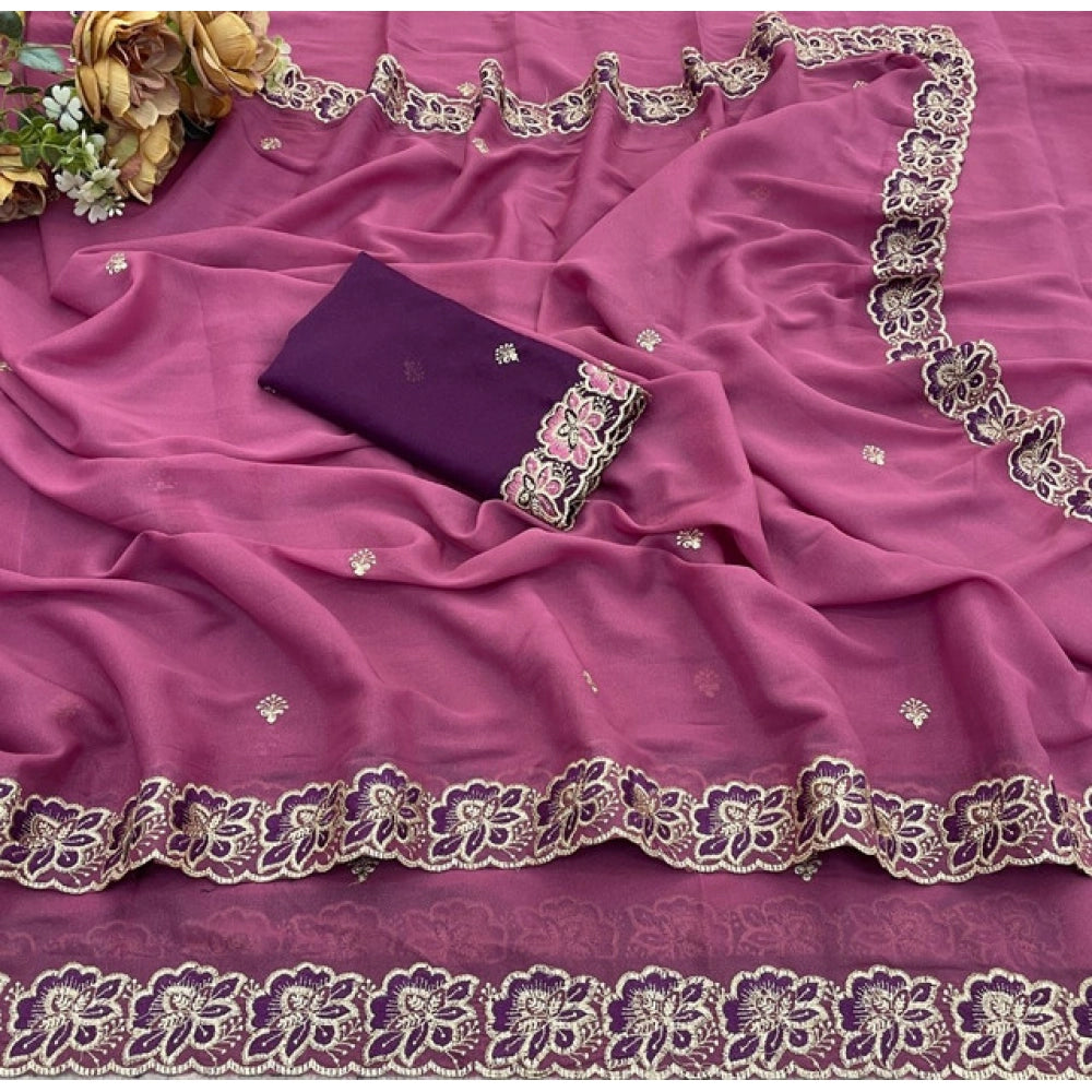 Women's Star Georgette Embroidered Saree With Unstitched Blouse 5.5 Mtr (Pink)