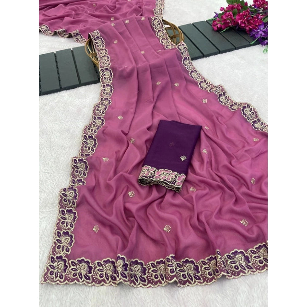 Women's Star Georgette Embroidered Saree With Unstitched Blouse 5.5 Mtr (Pink)