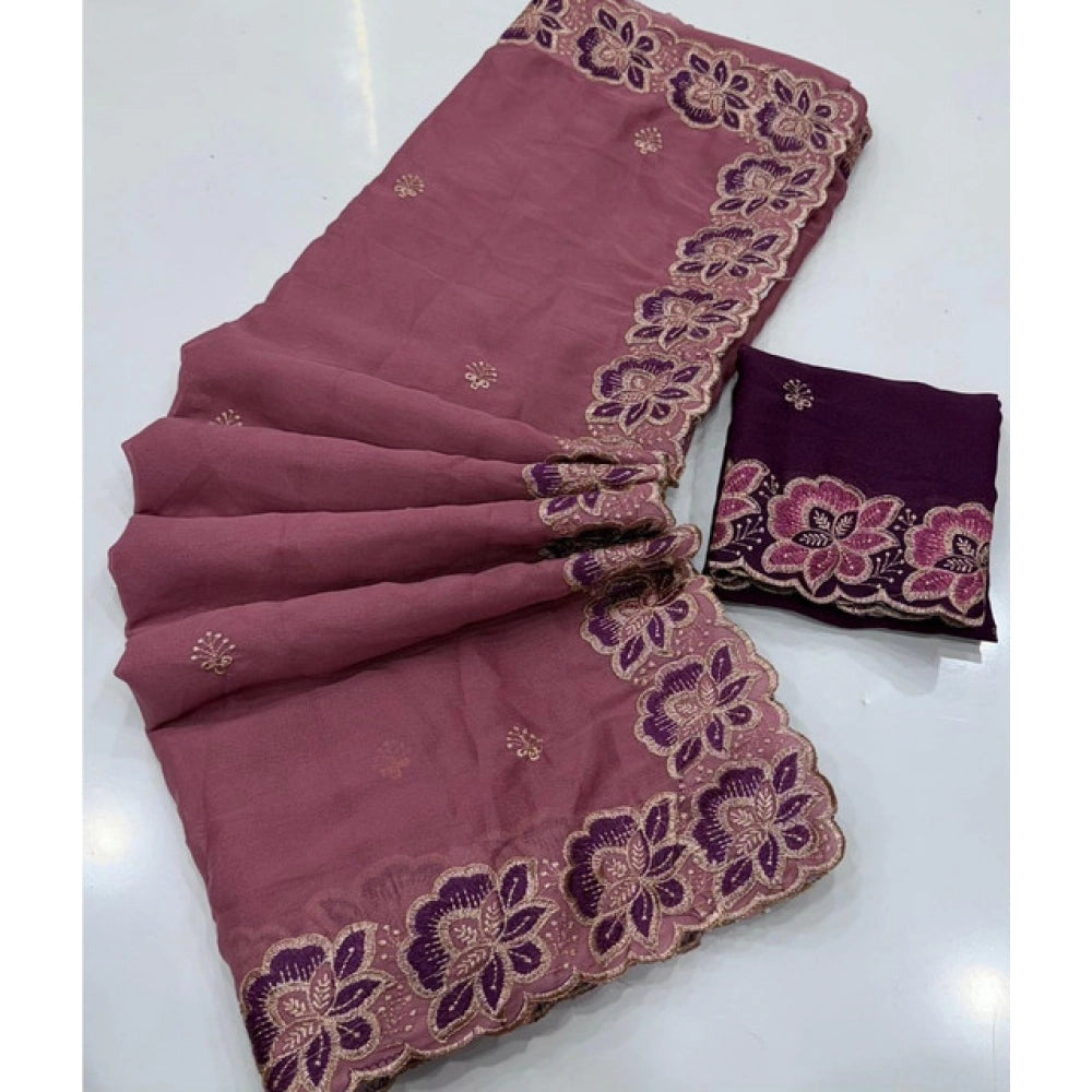 Women's Star Georgette Embroidered Saree With Unstitched Blouse 5.5 Mtr (Pink)