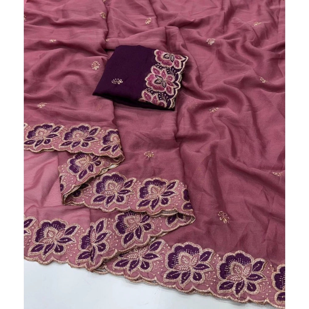 Women's Star Georgette Embroidered Saree With Unstitched Blouse 5.5 Mtr (Pink)