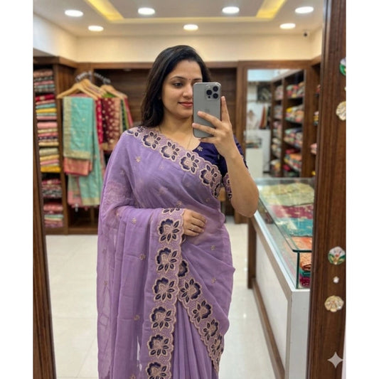 Women's Star Georgette Embroidered Saree With Unstitched Blouse 5.5m (Purple)