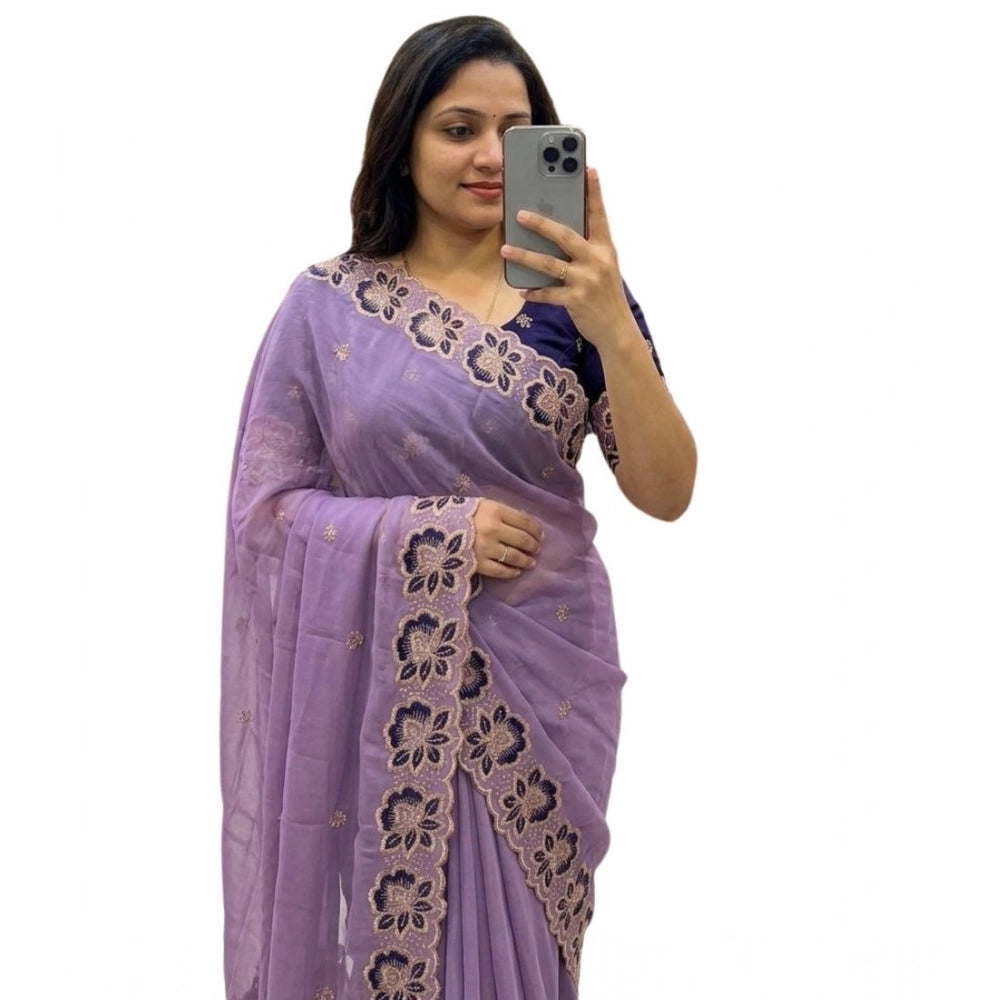 Women's Star Georgette Embroidered Saree With Unstitched Blouse 5.5 Mtr (Purple)