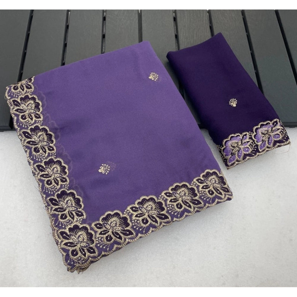 Women's Star Georgette Embroidered Saree With Unstitched Blouse 5.5 Mtr (Purple)