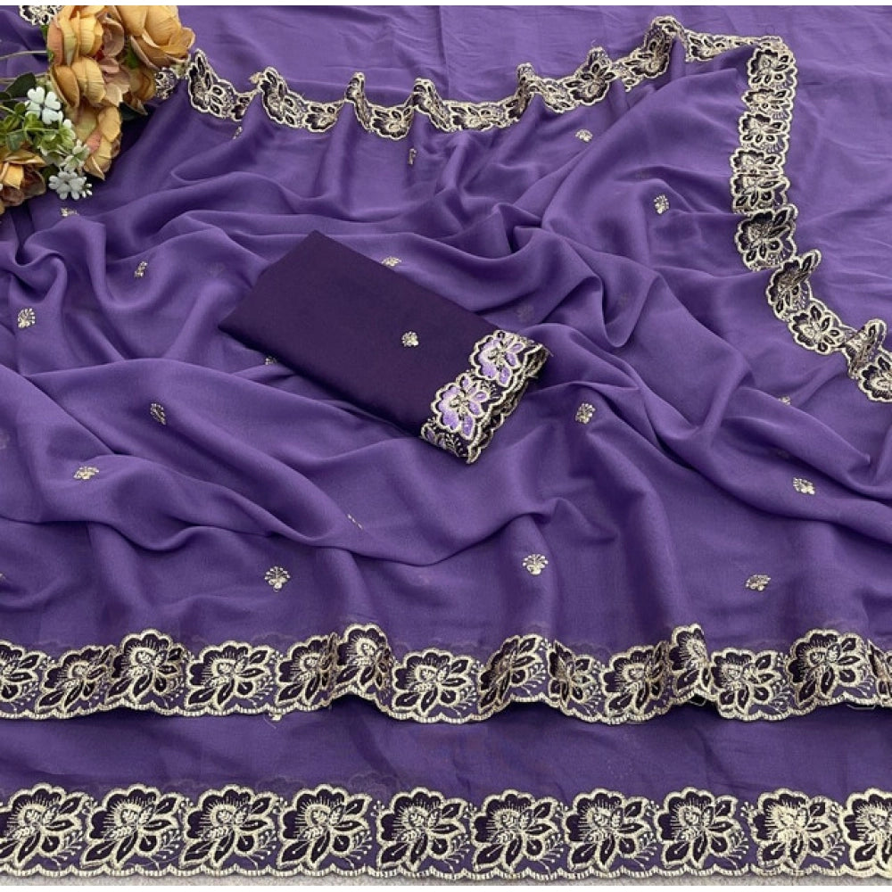 Women's Star Georgette Embroidered Saree With Unstitched Blouse 5.5 Mtr (Purple)