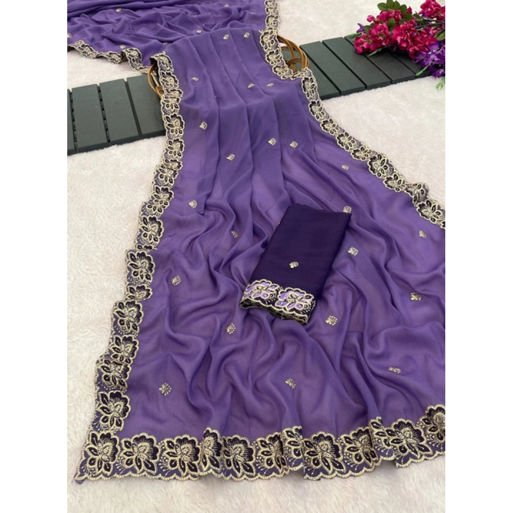Women's Star Georgette Embroidered Saree With Unstitched Blouse 5.5 Mtr (Purple)