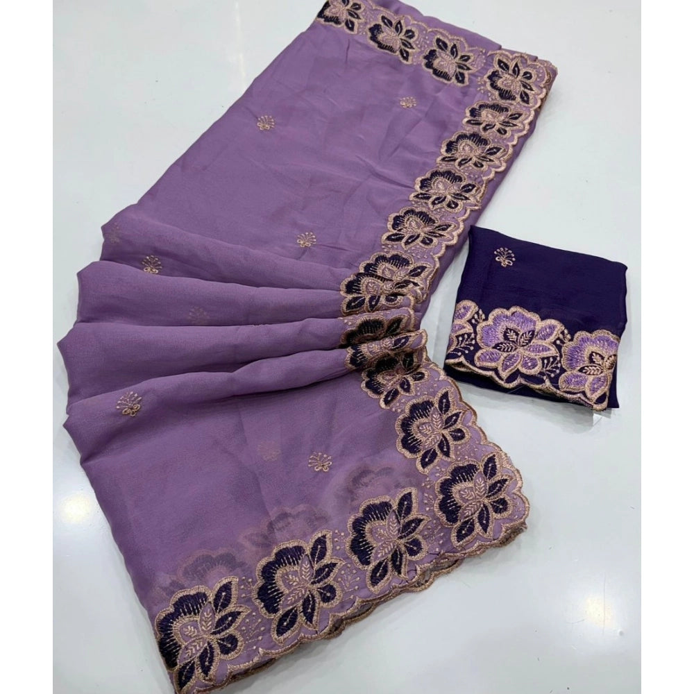 Women's Star Georgette Embroidered Saree With Unstitched Blouse 5.5 Mtr (Purple)