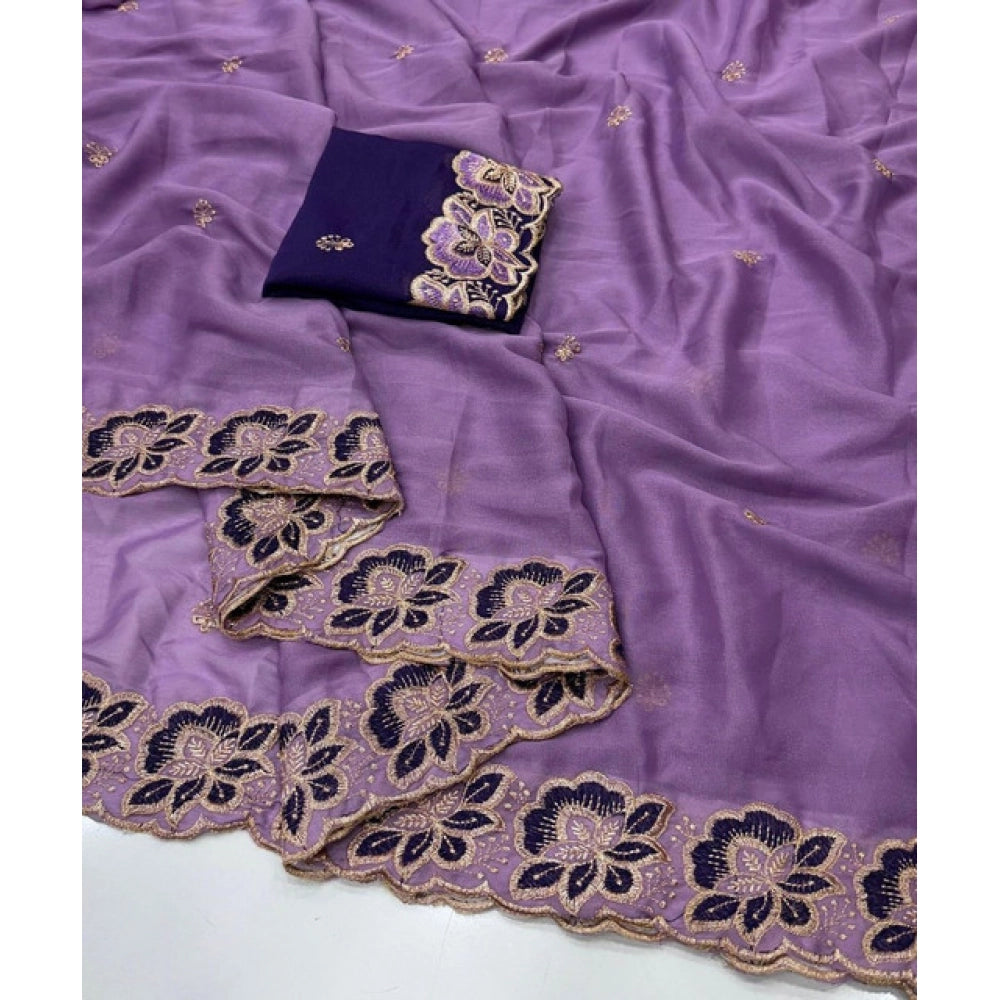 Women's Star Georgette Embroidered Saree With Unstitched Blouse 5.5 Mtr (Purple)