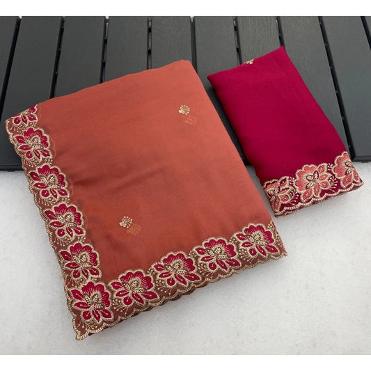 Women's Star Georgette Embroidered Saree With Unstitched Blouse 5.5m (Orange)