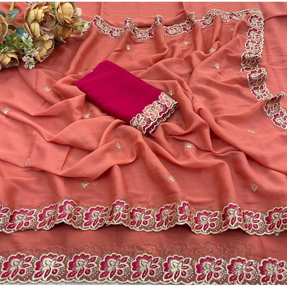 Women's Star Georgette Embroidered Saree With Unstitched Blouse 5.5 Mtr (Orange)