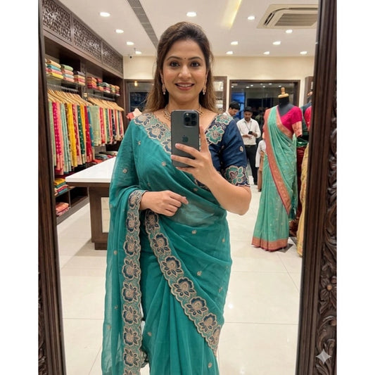 Women's Star Georgette Embroidered Saree With Unstitched Blouse 5.5m (Sea Green)