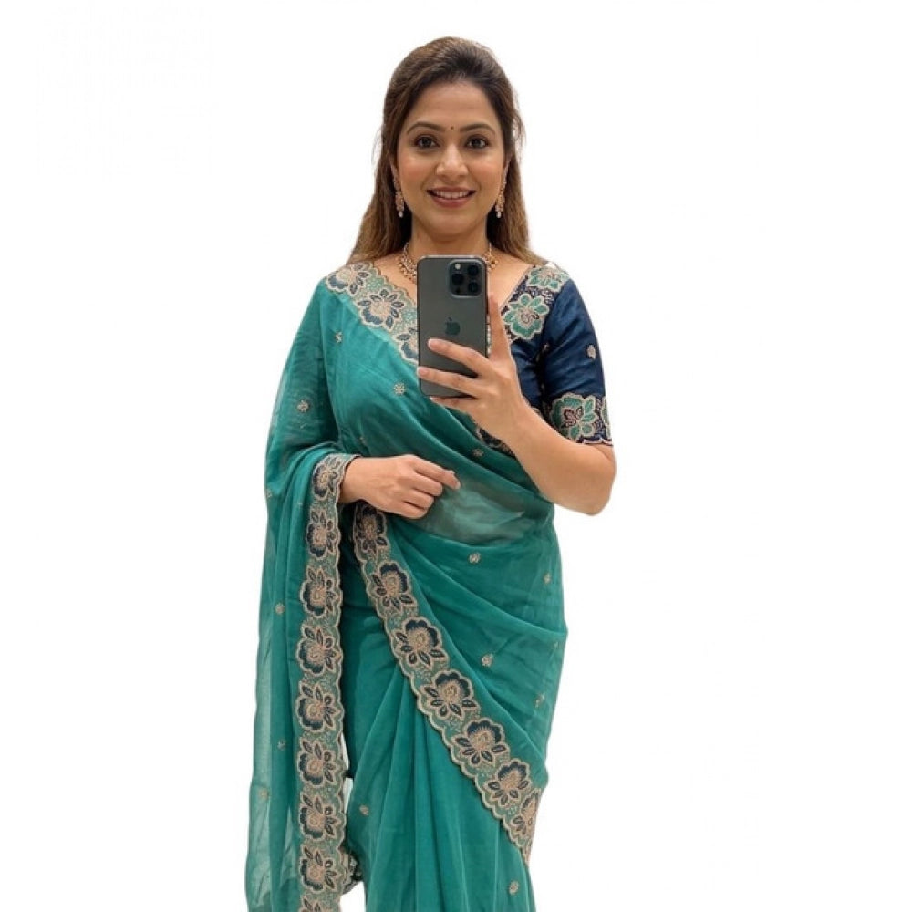 Women's Star Georgette Embroidered Saree With Unstitched Blouse 5.5 Mtr (Sea Green)