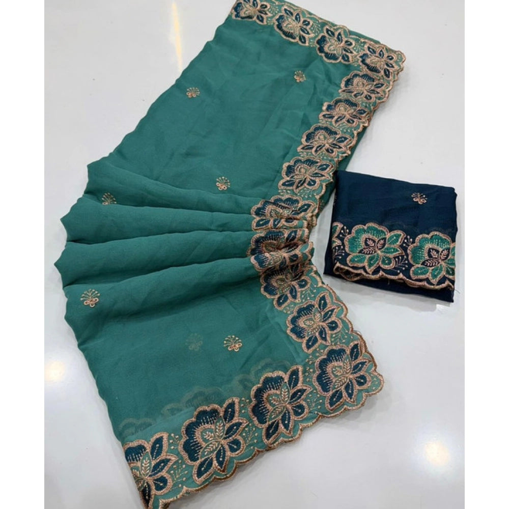 Women's Star Georgette Embroidered Saree With Unstitched Blouse 5.5 Mtr (Sea Green)