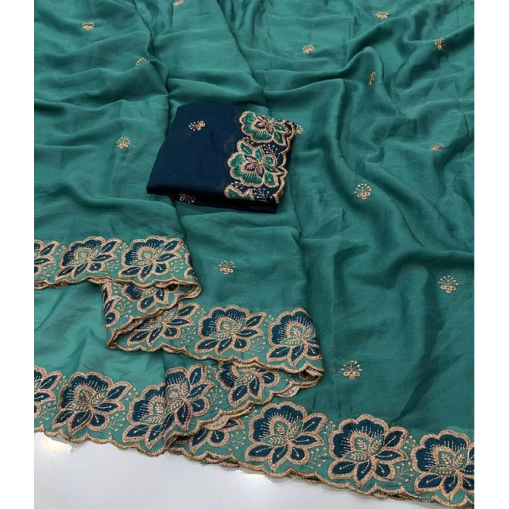 Women's Star Georgette Embroidered Saree With Unstitched Blouse 5.5 Mtr (Sea Green)